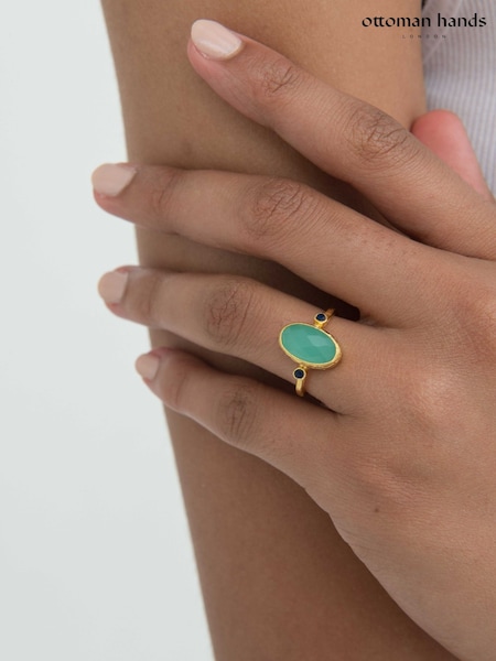 Gold Tone - Ottoman Hands Lucia Aqua Chalcedony Cocktail Ring