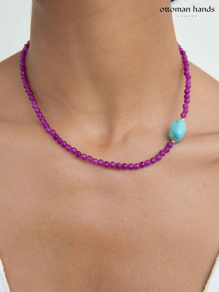 Gold Tone - Ottoman Hands Felice Purple Jade And Turquoise Beaded Necklace