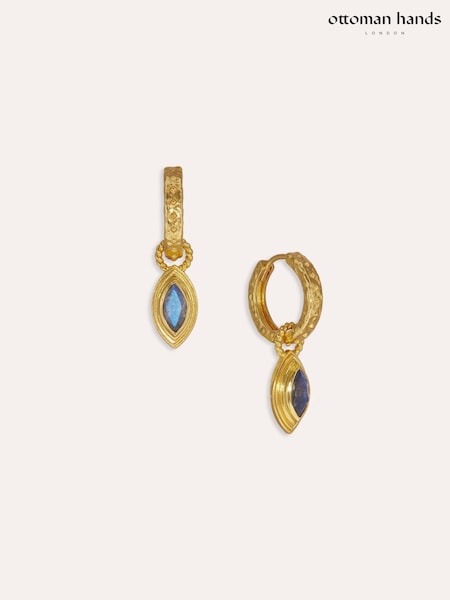 Gold Tone - Ottoman Hands Marquise Labradorite Huggie Earrings