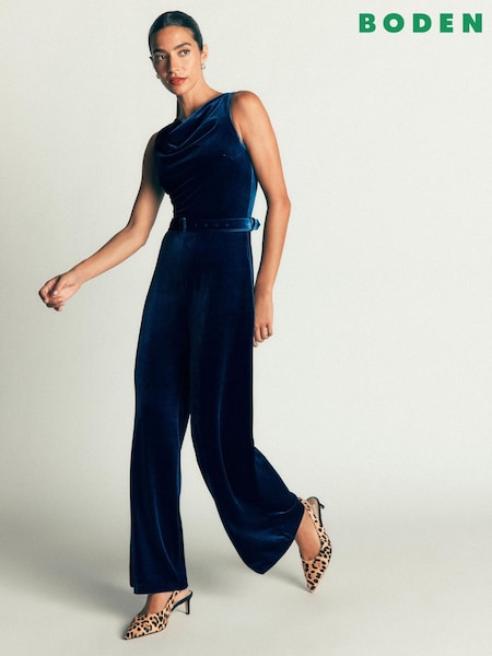 Blue - Boden Cowl Neck Velvet Jumpsuit