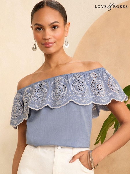 Синий бродери Chambray - Love & Roses Bardot Trim Detail Top (965820) | €18