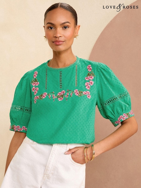 Love & Roses Embroidered Yoke Puff Sleeve Blouse (966069) | 150 LEI