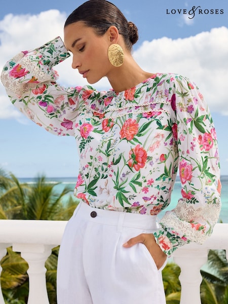 V&A | Love & Roses Floral Printed Crew Neck Lace Trim Blouse (966075) | €26