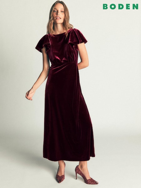 Brown - Boden Draped Sleeve Velvet Dress