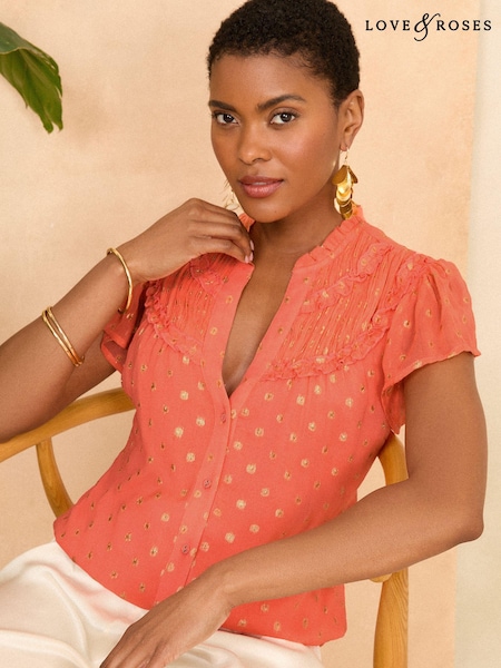 Love & Roses Orange Metallic Ruffle V Neck Flutter Sleeve Blouse (966149) | €20