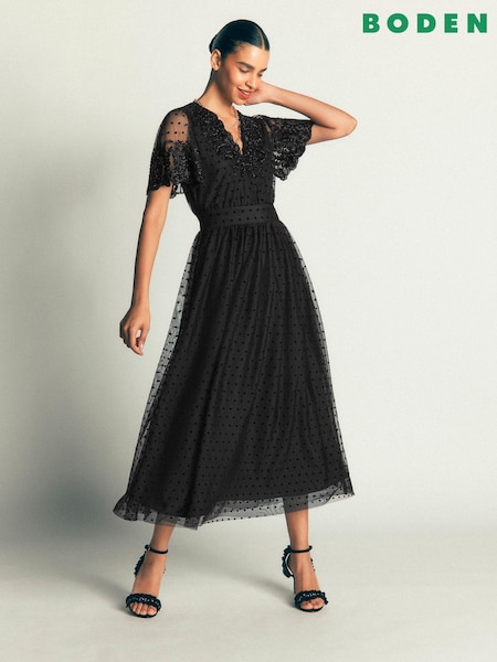 Black - Boden Embroidered Tulle Maxi Dress
