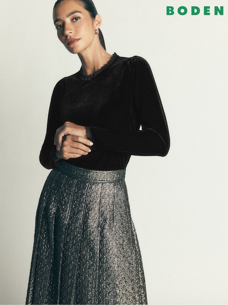 Black - Boden Lace Trim Velvet Top