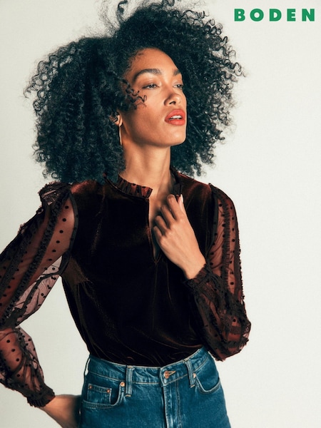 Brown - Boden Tulle Mix Velvet Top
