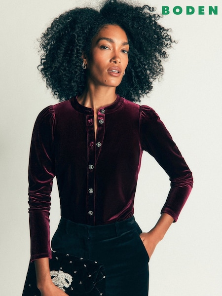 Brown - Boden Puff Sleeve Velvet Cardigan