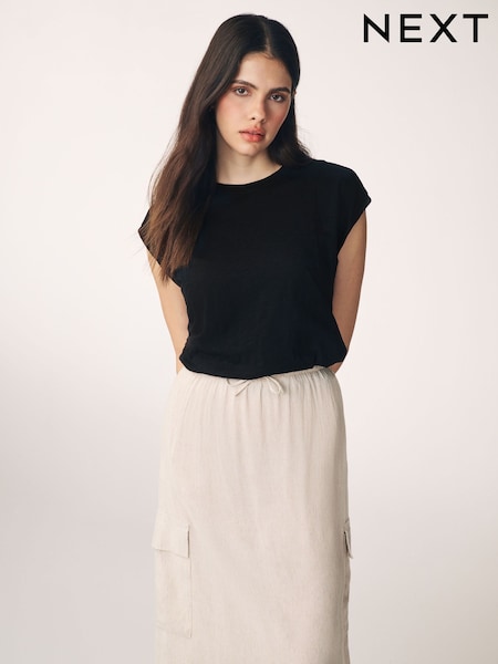 Musta - Crew Neck Linen Look Sub Jersey Cap Sleeve 100% Cotton T-Shirt (968376) | €10