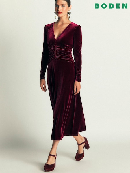 أحمر - Boden Mya Ruched Velvet Midi Dress