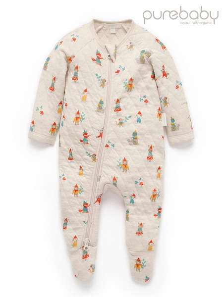Neutralna boja - Purebaby Quilted Footed Print Two-way Zip Sleepsuit