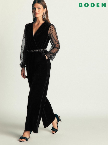 Black - Boden Velvet Tulle Sleeve Jumpsuit