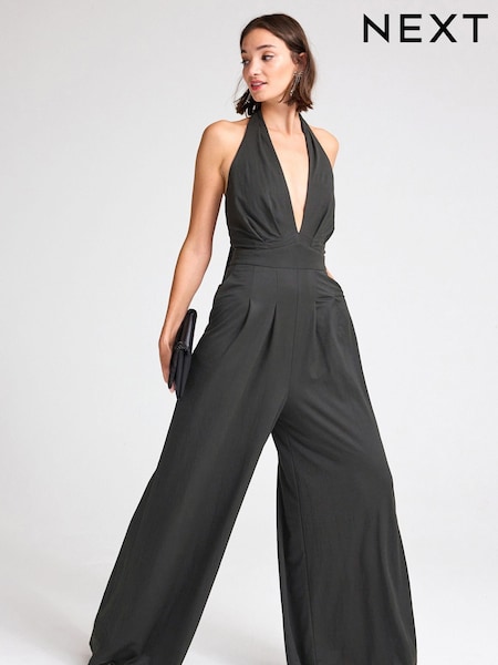 Charcoal Grey Plunge V-Neck Occasion Wide Leg Halter Jumpsuit (969233) | €15