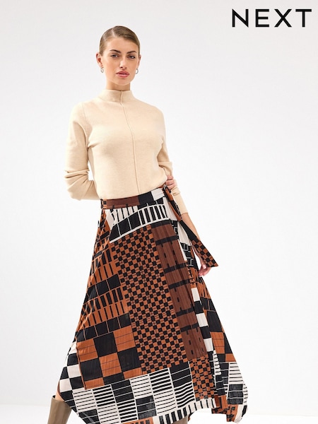 Brown Geometric Check Asymmetric Pleated Midi Skirt (969854) | €9