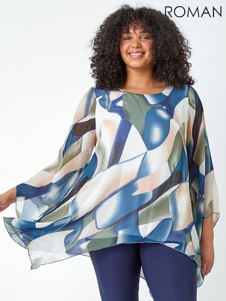 Roman Blue Curve Abstract Chiffon Overlay Top (969938) | €48