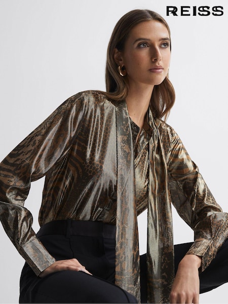 Reiss Gold Kendall Metallic Animal Print Tie Neck Blouse (970463) | €286