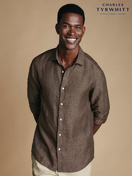 Brown - Regular Charles Tyrwhitt Plain Pure Linen Shorts Sleeve Shirt