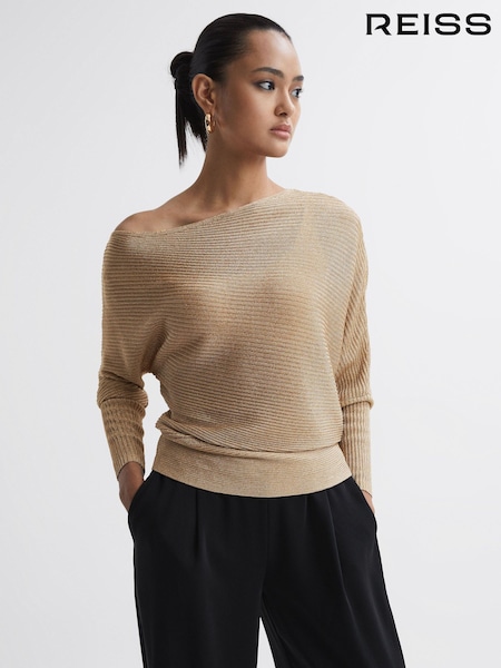 Reiss Gold Louisa Metallic Asymmetric Knitted Top (971149) | 1,014 QAR