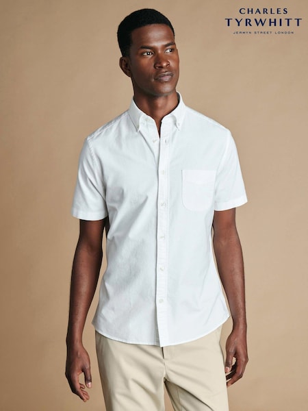 White - Regular Charles Tyrwhitt Short Sleeve Button-down Stretch Washed Oxford Shirt