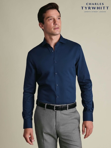Navy Blue - Regular Charles Tyrwhitt Classic Fit Non Iron Herringbone 100% Cotton Shirt