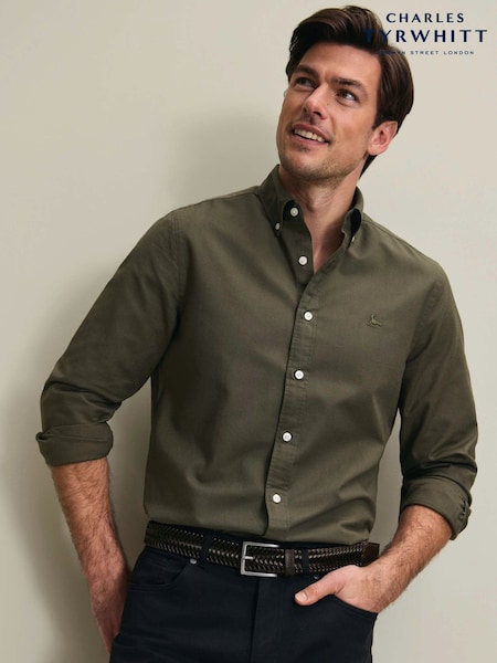 Dark Green - Regular Fit Charles Tyrwhitt Plain Button-down Stretch Washed Oxford Shirt