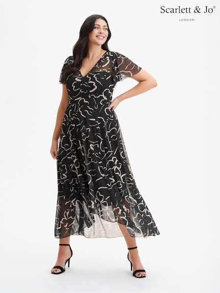 Scarlett & Jo Black Tilly Print Angel Sleeve Sweetheart Dress (972130) | €118