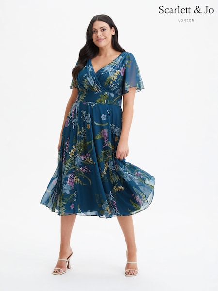 Scarlett & Jo Teal Blue Floral Victoria Angel Sleeve Mesh Midi long Dress (972218) | ₪427