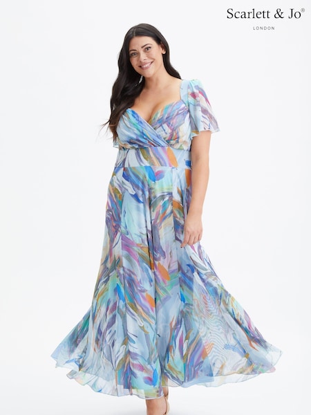 Scarlett & Jo Blue Kemi Bolero Wrap Bodice Mesh Maxi Gown (972340) | €64