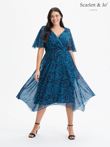 Scarlett & Jo Teal Blue Julie Wine Cream Hanky Hem Dress (972451) | €69