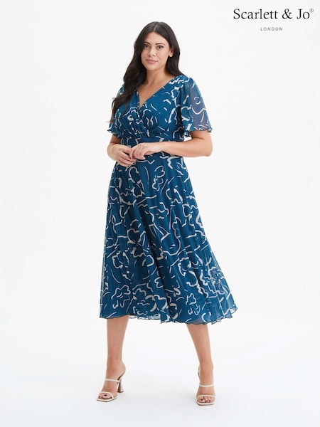 Scarlett & Jo Teal Blue Victoria Angel Sleeve Mesh Midi Dress (972630) | 421 QAR