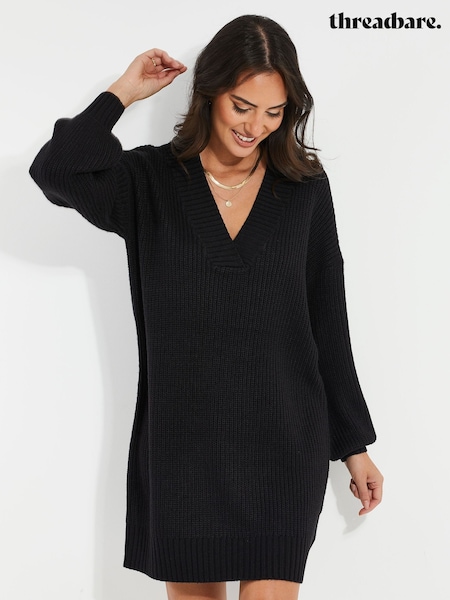 Negru - Rochie tip pulover tricotată cu decolteu în V Threadbare (973187) | 133 LEI