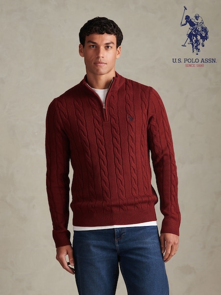 Red - Regular U.s. Polo Assn Cable Knit Quarter-zip Funnel Neck Jumper
