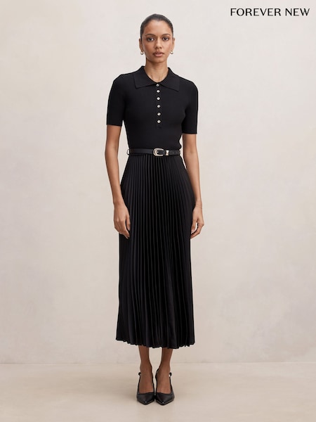 Black - Forever New Priya Petite Satin Pleated Dress