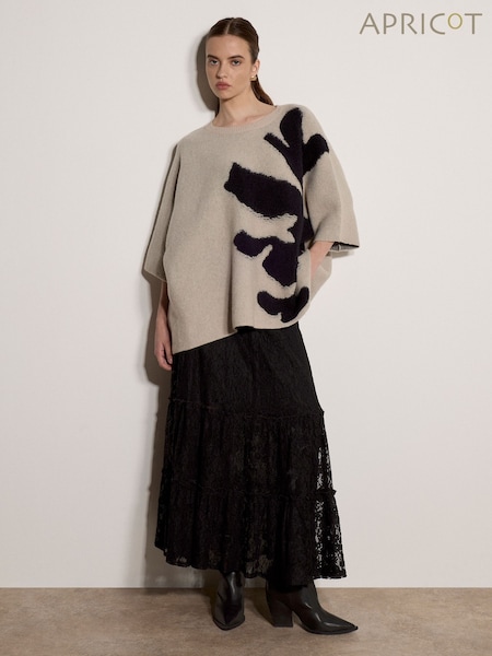 Natural - Apricot Abstract Flower Oversized Cape Jumper