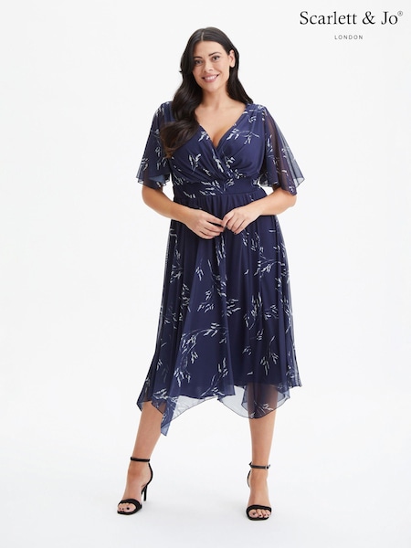 Scarlett & Jo Navy Blue Julie Wine Cream Hanky Hem Dress (975204) | €61