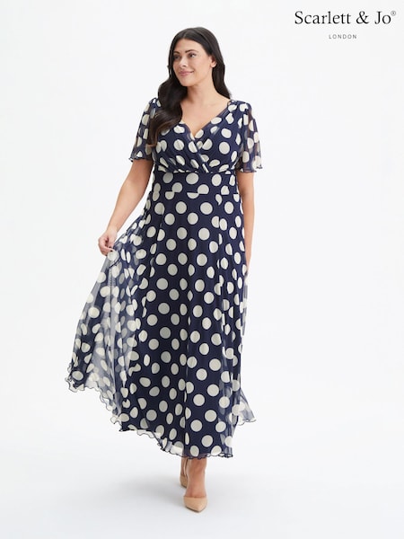 Scarlett & Jo Navy Blue White Polka Dot Curve Isabelle Angel Sleeve Maxi Dress (975217) | 470 QAR