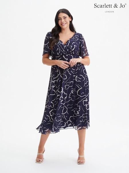 Scarlett & Jo Navy Blue Victoria Angel Sleeve Mesh Midi Dress (975225) | €130