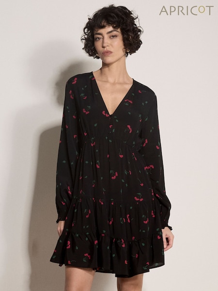 Black - Apricot Cherry Print Crepe Mini Dress
