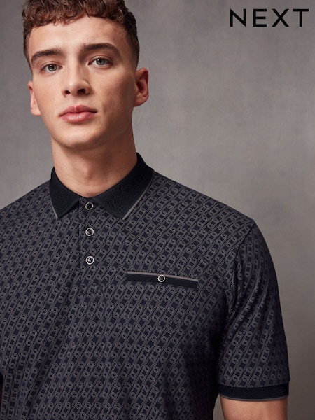 Navy Blue Short Sleeve Print Polo Shirt (975571) | €32