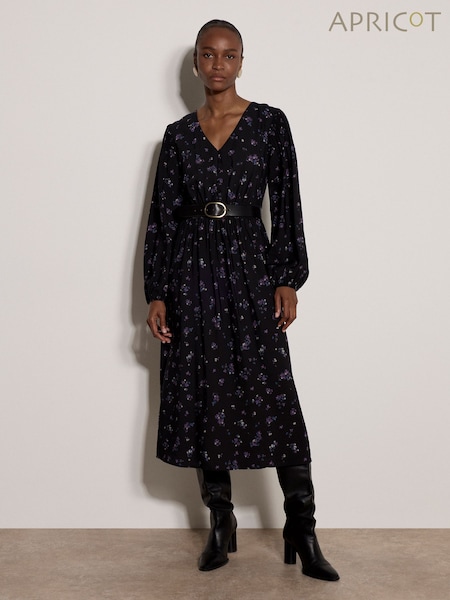 Black - Apricot Vintage Floral Smocked Midi Dress
