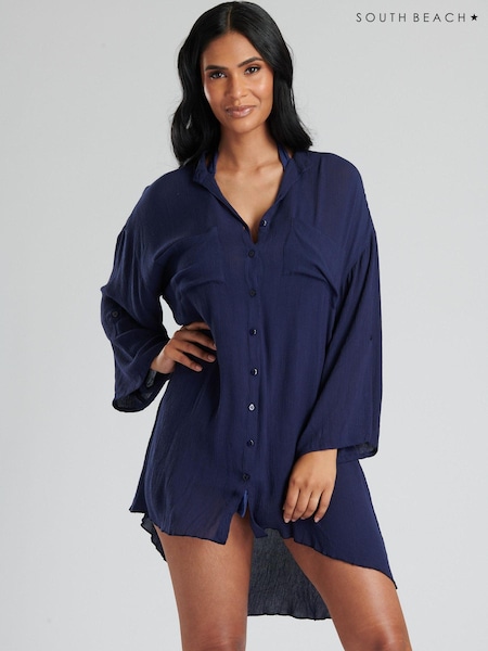 South Beach Navy Blue Crinkle Viscose Nehru Collar Beach Shirt with Pockets (976092) | AED87