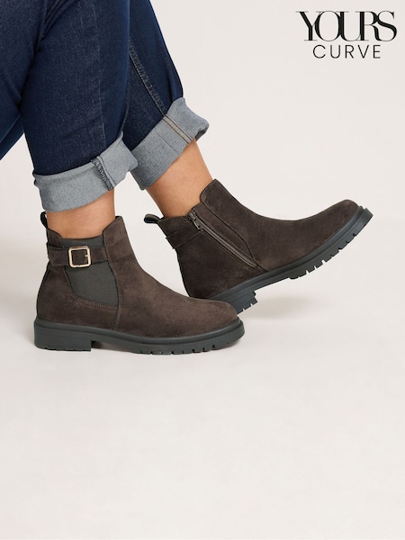 Brown - Yours Curve Faux Leather Buckle Chelsea Boots