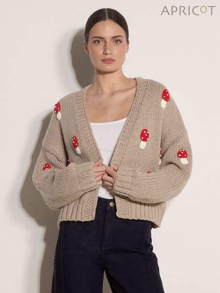 Brown - Apricot Mushroom Appliqué Chunky Knit Cardigan