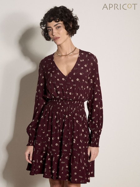 Red - Apricot Vintage Floral Crepe Mini Dress
