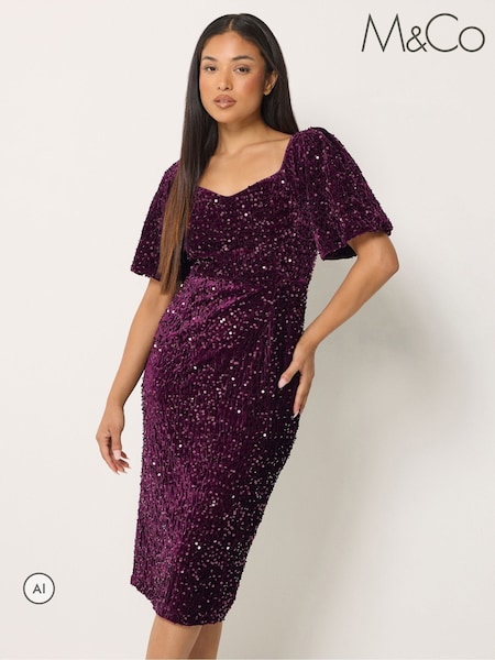Purple - M&co Petite Sequin Velvet Square Neck A-line Dress