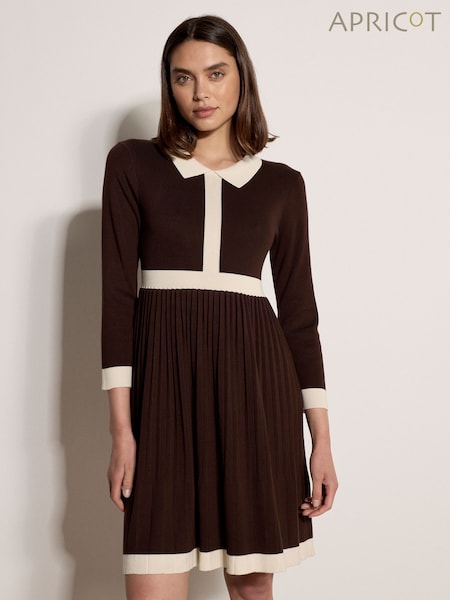 بني - Apricot Colour Block Retro Knit Midi Dress