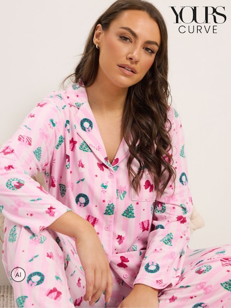 Pink - Yours Curve Stripe Christmas Print Lightweight Fleece Pyjamas Set