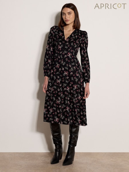 Black - Apricot Floral Print Midi Dress