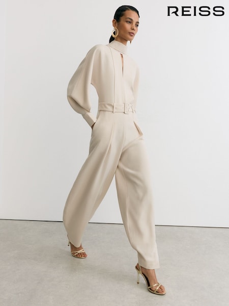 Grège neutre - Reiss June High-neck Belted Barrel-leg Jumpsuit